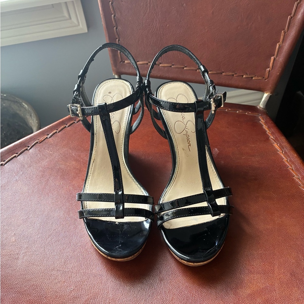 Jessica Simpson Black Patent T-Strap Wedge Sandals